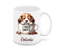 Mr. Gadgets Tazza in Ceramica 350 ml con disegno Cane In Tazzina I Need Coffee- Personalizzabile con nome (Bigol)