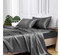 MR&HM Satin Bed Sheets California King Size Sheets Set 4 Pcs Silky Bedding Set with 15 Inches Deep Pocket for Mattress(California King Dark Grey)