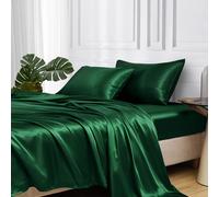 MR&HM Satin Bed Sheets Full Size Sheets Set 4 Pcs Silky Bedding Set with 15 Inches Deep Pocket for Mattress (Full Dark Green)
