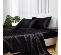 MR&HM Satin Bed Sheets, King Size Sheets Set, 4 Pcs Silky Bedding Set with 15 Inches Deep Pocket for Mattress (King, Black)