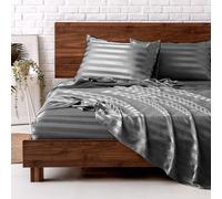MR&HM Satin Bed Sheets King Size Sheets Set 4 Pcs Silky Bedding Set with 15 Inches Deep Pocket for Mattress(King Dark Grey Striped)