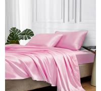 MR&HM Satin Bed Sheets King Size Sheets Set 4 Pcs Silky Bedding Set with 15 Inches Deep Pocket for Mattress (King Pink)