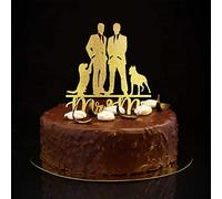 Mr & Mr Gay Wedding Cake Toppers Glitter Gold con Cane Gatto Romance Gay His And His Cake Topper Silhouette Gay LGBT Decorazioni di nozze Personalizza Nome Est Data Uomini Regali 6 pollici