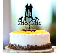 Mr & Mr - Topper per torta nuziale, coppia maschile con cane e gatto, silhouette di due testimoni dello sposo, decorazioni per matrimoni, regali di matrimonio, in acrilico nero, 15,2 cm