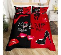 Mr Mrs Set di biancheria da letto coppia romantico matrimonio copripiumino nero rosso creativo citazione divertente copripiumino sexy labbra rosse baffi romantici copriletto copriletto 3 pezzi king
