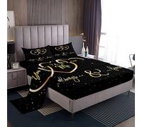 Mr Mrs - Set di biancheria da letto "You and Me", per coppie, innamorati, uomini e donne, con citazioni divertenti, lenzuolo con angoli, oro e nero, romantico, matrimoniale, 4 pezzi