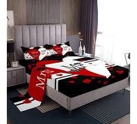 Mr Mrs - Set di lenzuola con angoli per letto king size e queen size per coppie, uomini, donne, per lui e lei, set di biancheria da letto, rosso, nero, bianco, romantico matrimonio, king size, 4 pezzi