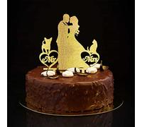 Mr & Mrs Wedding Anniversary Cake Toppers Glitter Gold Silhouette Con Cane Gatto Nome Personalizzato Est Date Retro Sposa E Sposo Toppers Per Anniversario di Matrimonio Forniture Festa Regali di