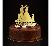 Mr & Mrs Wedding Anniversary Cake Toppers Glitter Gold Silhouette con cane gatto personalizzato cognome data elegante sposa e sposo topper per anniversario di matrimonio, decorazioni per feste, regali