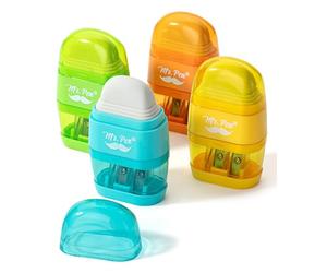 Mr. Pen - Temperamatite e gomma, confezione da 4, temperamatite manuale 2 in 1 con contenitore, 2 fori per temperare per matite standard e jumbo, design colorato a doppio foro per scuola, ufficio