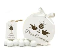 Mr Pubblicità - kit da 75 pezzi PERSONALIZZATI (stampa inclusa)- 25 Scatoline Portaconfetti + 25 Tag Bigliettini + 25 Nastrini - Per Prima Comunione, Bomboniera, Sacchetto, Fazzoletti, confetti.