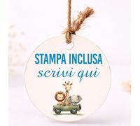 Mr Pubblicità - n. 60 Bigliettini circolari - STAMPA INCLUSA - Tag per Bomboniera a cerchio Battesimo, Nascita, Compleanno -Cartellini, Etichette - bomboniere personalizzabili (AUTO SAFARI)