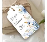 Mr Pubblicità - n. 60 Tag Bigliettini Bomboniera Personalizzati con Stampa inclusa - Etichette per Matrimonio, Sposi - Cartellini tag per bomboniere personalizzabili - Etichette (Fiori blu)