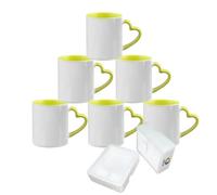 MR.R - Tazza in ceramica bianca per sublimazione, con manico a forma di cuore, da 325,31 ml, colore interno: Giallo, confezione da 6
