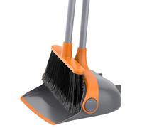 MR.SIGA Set scopa e paletta con manico lungo, scopa verticale in piedi con paletta combinata per la pulizia di ufficio, garage, ingresso, set leggero per spazzare, 131 cm, grigio e arancione