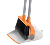 MR.SIGA Set scopa e paletta con manico lungo, scopa verticale in piedi con paletta per la pulizia dell'ufficio, del garage, set leggero per spazzare, manico lungo 131 cm, bianco e arancione