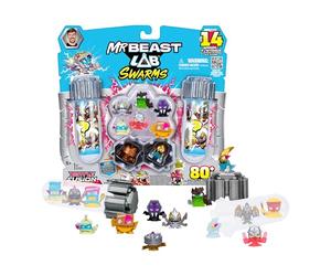 MrBeast Lab Swarms Battle Fusion Series Mega Lab Pack - Include 14 Micro Beasts con Ultra Rara Venus Bear Trap, 80+ da collezionare, adesivi e tappi Fusion impilabili per esposizione