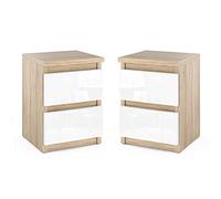 MRBLS - Set di 2 comodini moderni con cassetti, in legno, per la camera da letto (Sonoma, bianco lucido), 30 x 40 x 30 cm (larghezza x altezza x profondità)