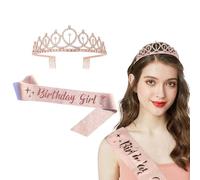 MRDLKNX Diadema e corona di compleanno con fascia da donna, corona e fasce in oro rosa, accessori per capelli per compleanno, ballo di fine anno, cerimonie di nascita, oggetti di scena fotografici