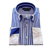 MrDoubleCollar - Camicia da uomo a maniche lunghe, design italiano, con gessato blu, stile casual e formale, a doppio colletto, disponibile in diverse varianti A righe blu. XXL