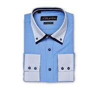 MrDoubleCollar Italian Design - Camicia da uomo a righe blu, stile casual formale, doppio colletto a maniche lunghe, varie varianti disponibili Oxford blu. L