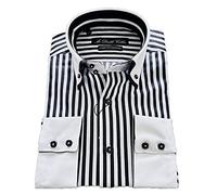 MrDoubleCollar Italian Design - Camicia da uomo a righe blu, stile casual formale, doppio colletto a maniche lunghe, varie varianti disponibili Gessetti bianchi e neri L