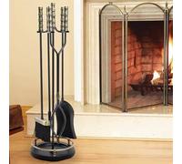 MREGLHUI Set Attrezzi per Camino 5 Pezzi, Base con Attizzatoio, Pinza, Paletta E Scopa,Metallo,Strumenti per Camino in Ferro Battuto Nero E Accessori per Caminetto per Interni,Nero,29.9in
