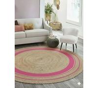 Mrida Weave Tappeto in iuta naturale intrecciata a mano, con bordo rosa, tappeto per pavimento, tappeto centrale, tappeto da tavolo - 2 'rotondo