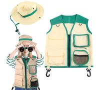 Mrisata Set Costume da Esploratore per Bambini, Gilet e Cappello, 2 Pezzi Gilet Cargo e Cappello da Safari in Cortile per Avventure All'aria Aperta, Birdwatching, con Tessuto Lava (#1)