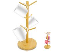 Mritrit Albero Porta Tazze con 6 Ganci, Porta Tazzine da Caffè Salvaspazio Verticale, Portabicchieri Caffe in Bambù-Legno, Porta Tazze da Appoggio, Supporto per Impilare Tazza e Tazzina (Naturale)