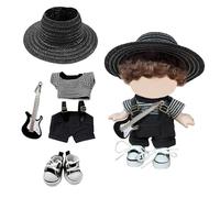 Mrltau Rockstar Set di Abbigliamento per Bambole da 15/17 cm in Vinile e Peluche | Abbigliamento da Musicista in Bianco e Nero, 5 Pezzi con Salopette, Maglia a Righe, Cappello, Scarpe da Ginnastica