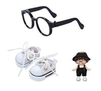 Mrltau Set di Accessori Stile Intellettuale Abbigliamento per Bambole: Occhiali tondi Neri e Sneakers Classiche per Bambole in Vinile e Peluche 15/17 cm, Look Scolastico Casual (Bianco)