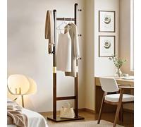 MRMRMNR Stand Appendiabiti in Legno, Attaccapanni da Terra con Ripiani e Ganci, Porta Abiti Verticale Salvaspazio, Organizzatore Multifunzionale per Camera e Ingresso, H : 162/163 CM
