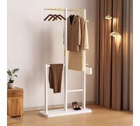 MRMRMNR Stand Appendiabiti in Legno da Terra, Attaccapanni Salvaspazio con Scarpiera, Porta Pantaloni, Ripiani e Ganci, Portabiti Multifunzionale Facile da Installare, 68x28x163cm