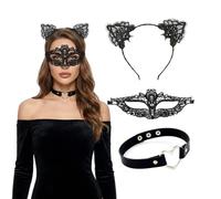 Mrqqmake 3 pezzi costume da gatto da donna, costume di carnevale con orecchie di gatto, maschera veneziana in pizzo, costume da gatto, costume da carnevale, costume di Halloween.