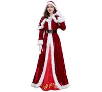 Mrs Claus Costume Donne adulte, 4 pezzi/set Mrs Claus Abito con mantello con cappuccio rosso, cintura & guanti, costume da Santa per festa di Natale, cosplay, compleanno, spettacolo scolastico, l San