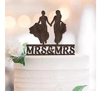 Mrs & Mrs Lesbian Cake Topper Personalizzato Nome Est Data Spiaggia Due Spose Wedding Cake Topper Silhouette Due Donne Decorazioni per Torta di Matrimonio Lesbiche Coppia Regali Marrone Legno 15,2 cm