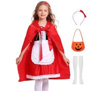 Mrsclaus Costume rosso da bambina a forma di Cappuccetto Rosso per bambini, vestito rosso con papillon rosso, fascia per la zucca, Halloween, feste a tema, costume per feste C017-160