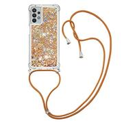 MRSTER Lanyard - Custodia per Samsung A32 5G, con glitter, in silicone, antiurto, con cordino per Samsung Galaxy A32 5G. LP Love Gold