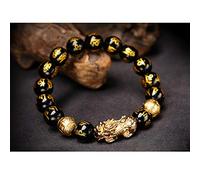 MRSTORY Bracciale di Ricchezza Nera Obsidian Bracciale Golden Pi Xiu Lucky Amulet Relection Relection Stone Unisex Obsidian Obsidian Elastico Dimensione 12mm (Black1)