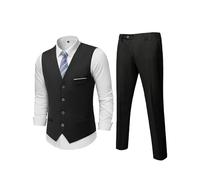 MrSure Completo da uomo in 2 pezzi, con gilet e pantaloni, stile casual, con cravatta, per ballo di fine anno, matrimonio, ritorno a casa, nero, M