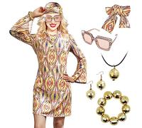 MRYUWB Abito da discoteca da donna anni '70, stile hippie, orecchini con occhiali, abiti da compleanno anni '60 e '70, abbigliamento anni '70, abiti da ballo (oro elegante, grande)