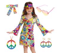 MRYUWB Vestito hippie anni '70, con collana e fascia per capelli con segno della pace, costume da festa per ragazze 5-14 anni (amore della pace,
