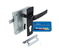 MS Beschläge Serratura universale per cassetta zincata con trappola di sollevamento, misura mandrino 60 mm, distanza 55 mm, piastra di chiusura, coppia di manopole nere e targhetta corta, serratura a