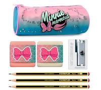 ms móvil shop Astuccio scuola Minnie Mermaid 23 x 8 cmCilindro uno scomparto | Prodotto ufficiale più 2 gomme cancellabili, 3 matite in grafite e 1 temperamatite in alluminio, set scolastico, blu,