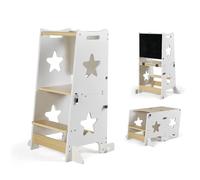 Torre di Apprendimento per Bambini con Lavagna, 3 Livelli, Struttura in Legno e Bianco con Stelle, Montessori Learning Tower