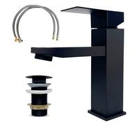 MSC Miscelatore per lavabo nero con scarico pop-up, rubinetto per lavabo con piedini di montaggio in acciaio inox e ugello angolato, rubinetto monocomando caldo e freddo con nucleo valvola in ceramica