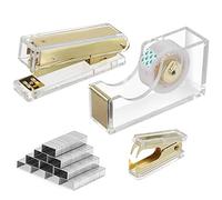 MSDADA - Set di Cucitrici e Pinzatrici, in Acrilico, Con Pinze, Supporto per Nastro, Accessori da Ufficio,Cucitrice Acrilica Trasparente Set di 1000 Graffette(Oro)