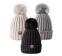 MSDC Berretto da donna con pompon, 3 pezzi, da donna, invernale, alla moda, lavorato a maglia, caldo, con teschio, per la stagione fredda, nero+beige+grigio, Taglia unica