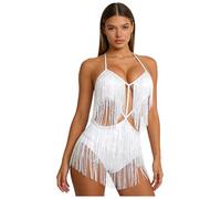 MSemis Abito da Ballo Latino Americano Donna con Nappe Paillettes Vestito da Danza del Ventre con Frange Strass Body Ginnastica Ritmica Costume Danza Samba Salsa Rumba Bianco XL